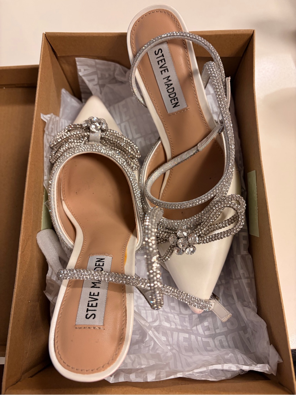 Steve Madden White Embellished Pointed-Toe Slingback Heels